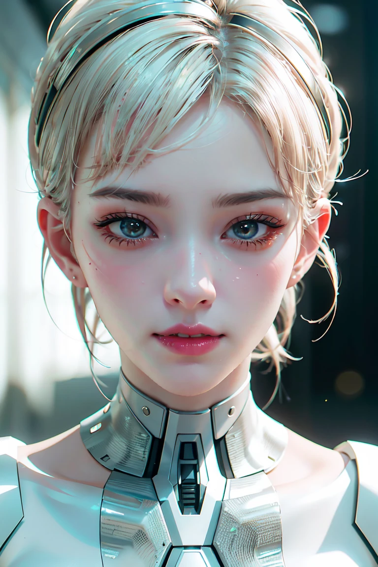 《The role of artificial intelligence》。（（（Virtual character design：Psychological counselor。miss，20 years old，white short hair，Exquisite facial features，beautiful make up，Skin details，Smile）））。（（white suit））。((Super realistic details))。 illumination, light and shadow, octane rendering, 8k, super sharp,complicated, Accessory details,atmosphere