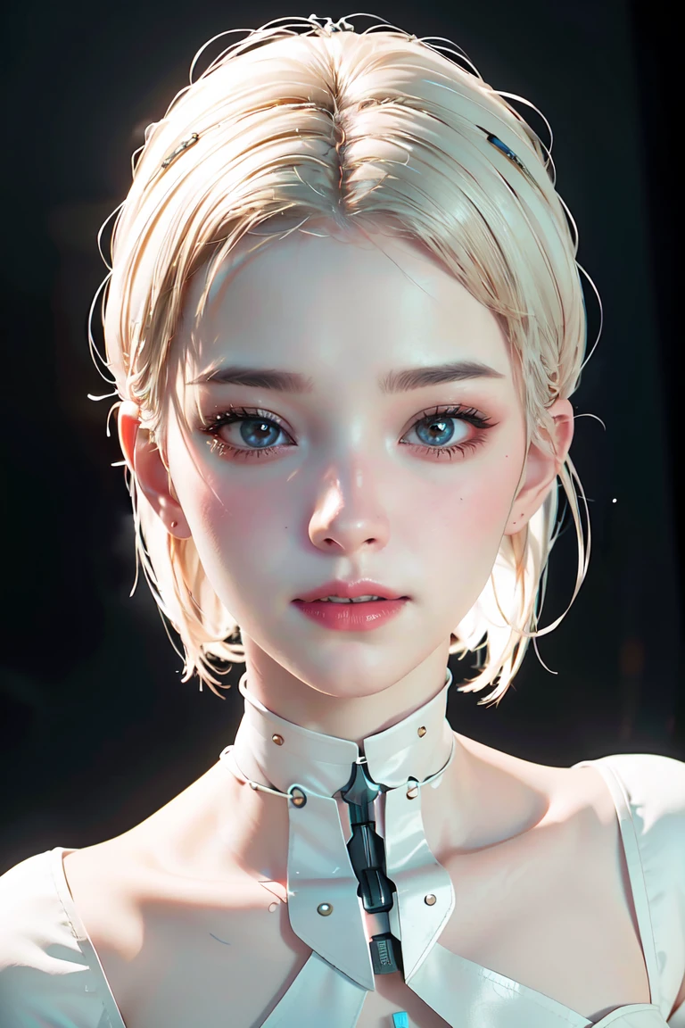 《The role of artificial intelligence》。（（（Virtual character design：Psychological counselor。miss，20 years old，white short hair，Exquisite facial features，beautiful make up，Skin details，Smile）））。（（white suit））。((Super realistic details))。 illumination, light and shadow, octane rendering, 8k, super sharp,complicated, Accessory details,atmosphere