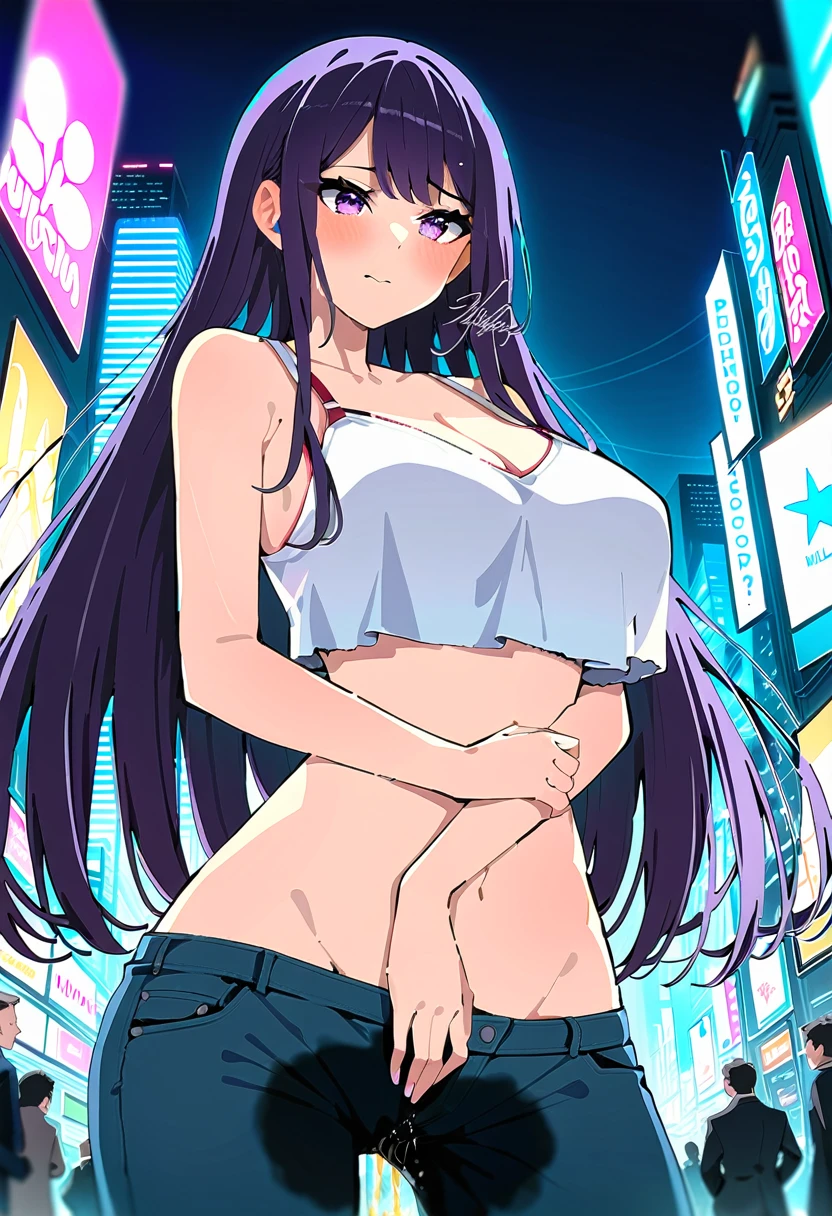 (masterpiece:1.37), best quality, (extremely detailed:1.37), woman, (mature:1.5), (adult:1.5), large breasts, very long hair, (straight hair:1.5), dark purple hair, purple eyes, (extremely detailed eyes:1.37), crop top, cleavage, navel, (groin:1.5), jeans, desperation, (wetting self:1.5), standing, embarrassed, humiliation, blushing, angry, city, futuristic, neon lighting, high-tech, street