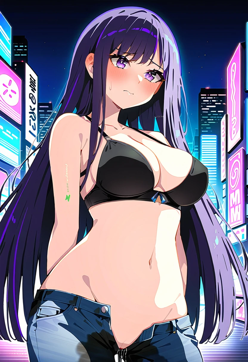 (masterpiece:1.37), best quality, (extremely detailed:1.37), woman, (mature:1.5), (adult:1.5), large breasts, very long hair, (straight hair:1.5), dark purple hair, purple eyes, (extremely detailed eyes:1.37), crop top, cleavage, navel, (groin:1.5), jeans, desperation, (wetting self:1.5), standing, embarrassed, humiliation, blushing, angry, city, futuristic, neon lighting, high-tech, street