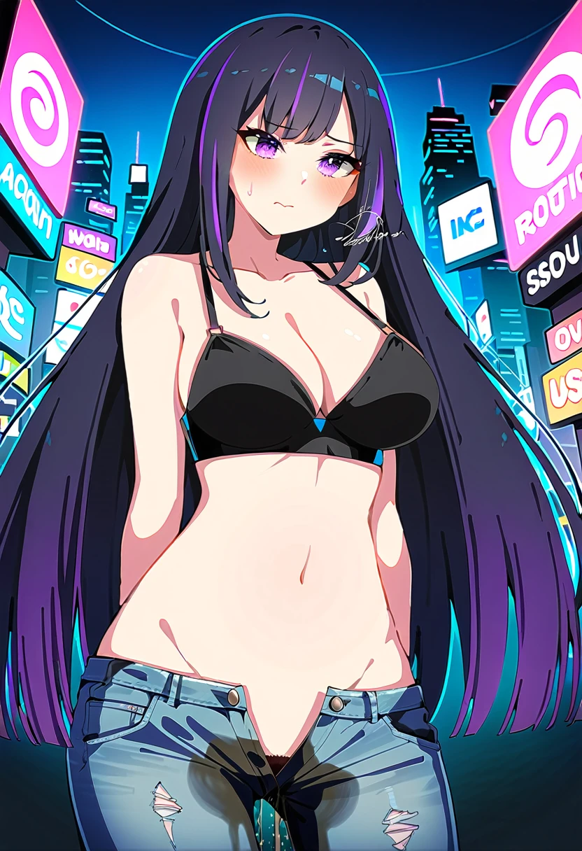 (masterpiece:1.37), best quality, (extremely detailed:1.37), woman, (mature:1.5), (adult:1.5), large breasts, very long hair, (straight hair:1.5), dark purple hair, purple eyes, (extremely detailed eyes:1.37), crop top, cleavage, navel, (groin:1.5), jeans, desperation, (wetting self:1.5), standing, embarrassed, humiliation, blushing, angry, city, futuristic, neon lighting, high-tech, street