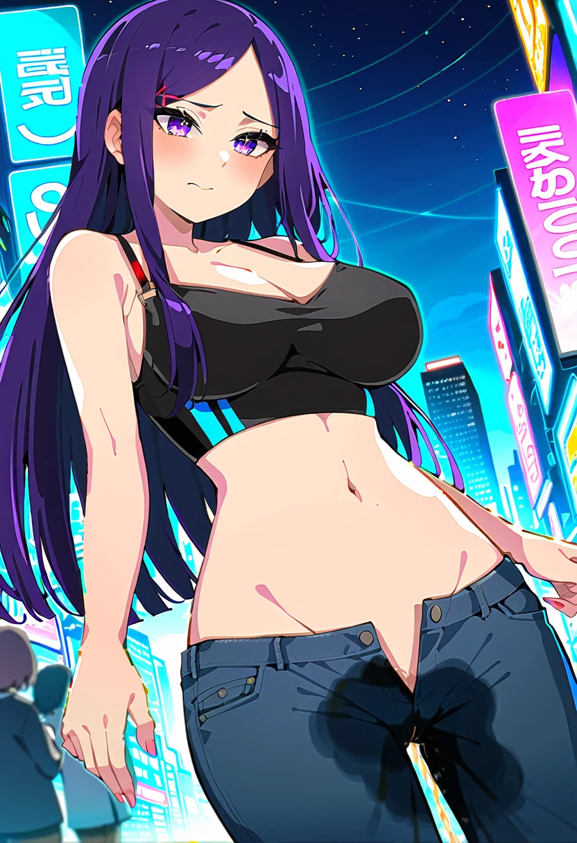 (masterpiece:1.37), best quality, (extremely detailed:1.37), woman, (mature:1.5), (adult:1.5), large breasts, very long hair, (straight hair:1.5), dark purple hair, purple eyes, (extremely detailed eyes:1.37), crop top, cleavage, navel, (groin:1.5), jeans, desperation, (wetting self:1.5), standing, embarrassed, humiliation, blushing, angry, city, futuristic, neon lighting, high-tech, street