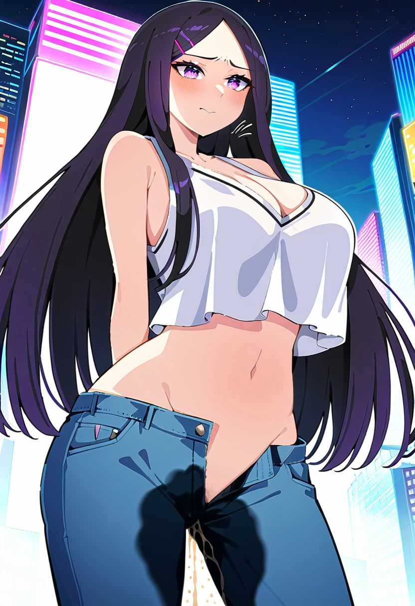 (masterpiece:1.37), best quality, (extremely detailed:1.37), woman, (mature:1.5), (adult:1.5), large breasts, very long hair, (straight hair:1.5), dark purple hair, purple eyes, (extremely detailed eyes:1.37), crop top, cleavage, navel, (groin:1.5), jeans, desperation, (wetting self:1.5), standing, embarrassed, humiliation, blushing, angry, city, futuristic, neon lighting, high-tech, street