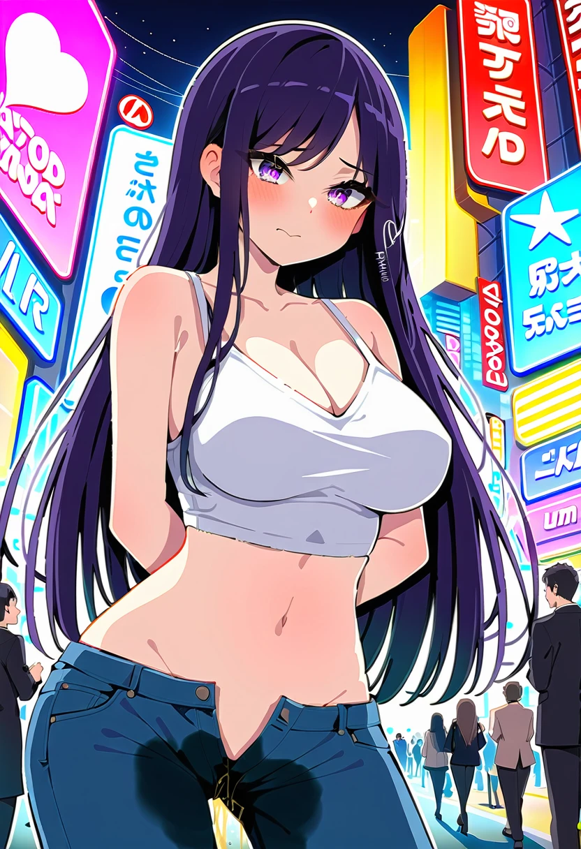 (masterpiece:1.37), best quality, (extremely detailed:1.37), woman, (mature:1.5), (adult:1.5), large breasts, very long hair, (straight hair:1.5), dark purple hair, purple eyes, (extremely detailed eyes:1.37), crop top, cleavage, navel, (groin:1.5), jeans, desperation, (wetting self:1.5), standing, embarrassed, humiliation, blushing, angry, city, futuristic, neon lighting, high-tech, street