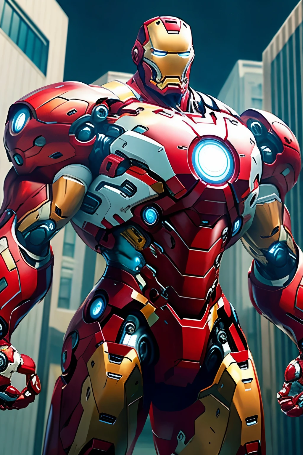 Iron Man Mega Bodybuilder, 4 meters high, all white armor, cyber punk, 8K. all-body, urban city background