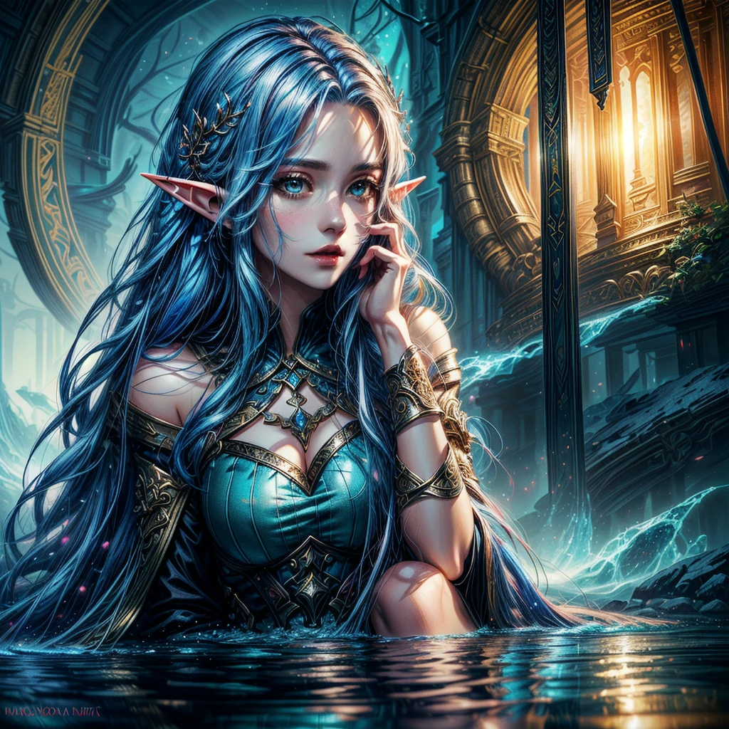 a woman with long blue hair thats swirls like its water and elf make-up stands in a stream, blue summer dress, pale blue skin, wet skin, drops of water in the air, 4k fantasy art, detailed fantasy digital art, hyper-realistic fantasy art, Realistic fantasy artwork, beautiful fantasy art, HD-Fantasy-Kunst, detailed fantasy art, realistic fantasy painting, very beautiful fantasy art, digital art fantasy art, 4k highly detailed digital art, Detailed digital art in 4K, amazing fantasy art