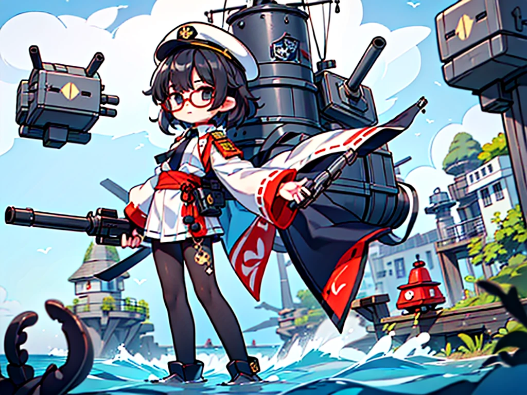 (((masterpiece, Vision))), ((((Full body of a woman with perfect flat chest、1 Female、solo、Short unkempt black hair、Tie your messy hair at the nape of your neck、white military jacket、Miko costume、black tights、Black glasses、White military cap、Cloudy black eyes、Confused eyes、Junyo-inspired emblem)))), (((Shipgirl))), ((Floating on the morning sea with both feet)), (Standing with your legs apart)), Aim, (Hold the shotgun turret grip with your right hand), (Four mechanical tentacles extending from its back each hold a turret), (Equipped with a bridge on the back), (His left arm holds the grip of a triple machine gun),