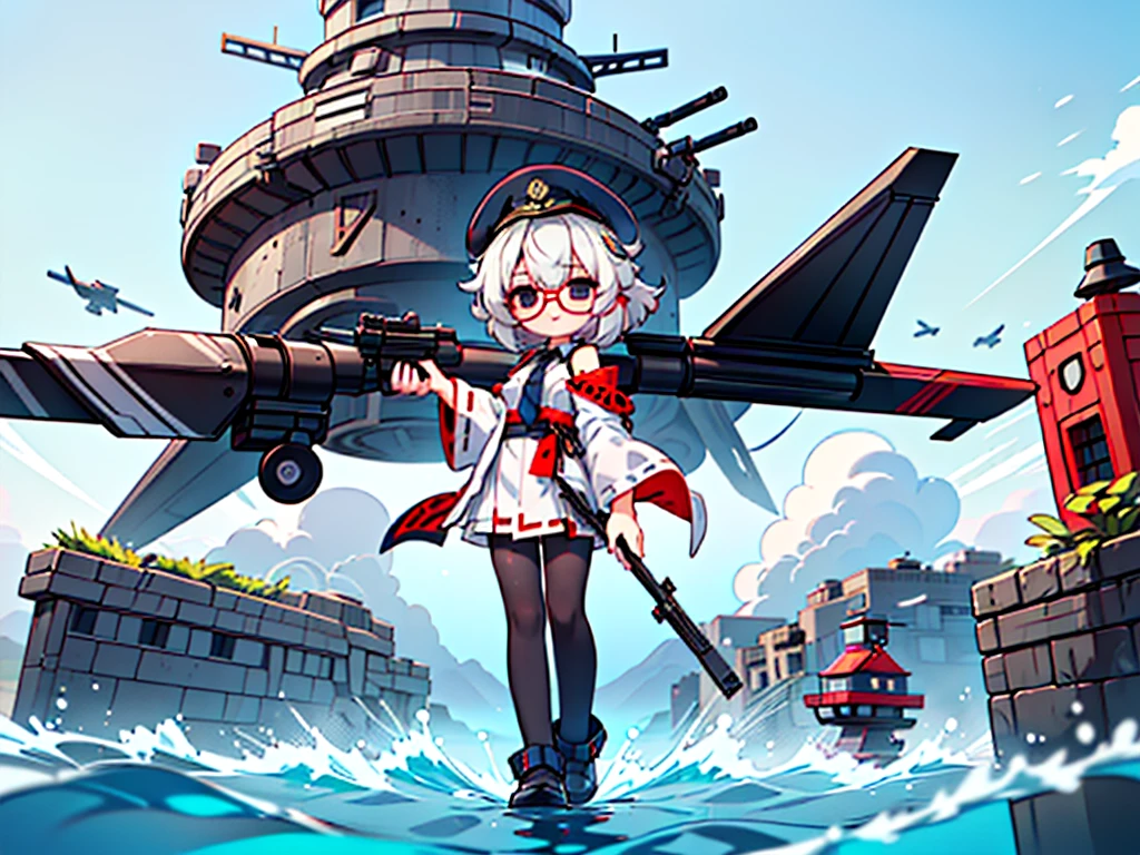 (((masterpiece, Vision))), ((((Full body of a woman with perfect flat chest、1 Female、solo、Short unkempt black hair、Tie your messy hair at the nape of your neck、white military jacket、Miko costume、black tights、Black glasses、White military cap、Cloudy black eyes、Confused eyes、Junyo-inspired emblem)))), (((Shipgirl))), ((Floating on the morning sea with both feet)), (Standing with your legs apart)), Aim, (Hold the shotgun turret grip with your right hand), (Four mechanical tentacles extending from its back each hold a turret), (Equipped with a bridge on the back), (His left arm holds the grip of a triple machine gun),