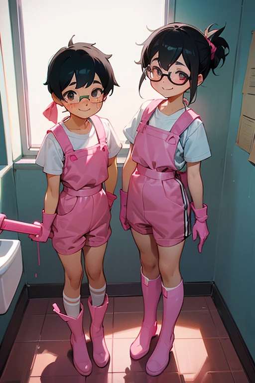 Two with freckles and glasses, wearing short-sleeved gym clothes, black hair tied up, and narrow eyes, wearing large pink rubber gloves and white rubber boots, smiling and cleaning the school toilets.