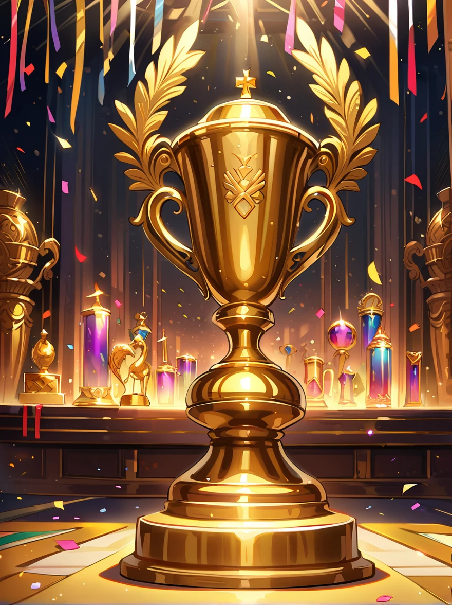 Golden Trophy, (Big things, The Shining, Golden Trophy,Exquisite detailing and carving),Looks expensive,highly polished surfaces,Sparkling under the lights,emitting a soft glow,Great craftsmanshipと細部へのこだわりが感じられる,Standing on Solid Foundations,Understand the essence of victory and achievement,With ornate handle and decorative base,Highest Quality Materials,Carefully made,Great craftsmanship,Awarded to the winner, Symbol of victory and success,A symbol of excellence and hard work,Inspiring and honorable,Inspires awe and admiration,Colorful confetti and streamers in the background,Festive mood,Filled with a sense of accomplishment and pride,Smooth surfaces reflect the surrounding environment,Focus on capturing the audience's attention,Perfect balance and proportions,Beautifully made,permanent,Conveying dignity and ambition,Demonstrating dedication and skill,Can evoke a variety of emotions,From admiration to motivation and determination,Emphasize the importance of achieving your goals,A vivid reproduction of the golden age of victory.