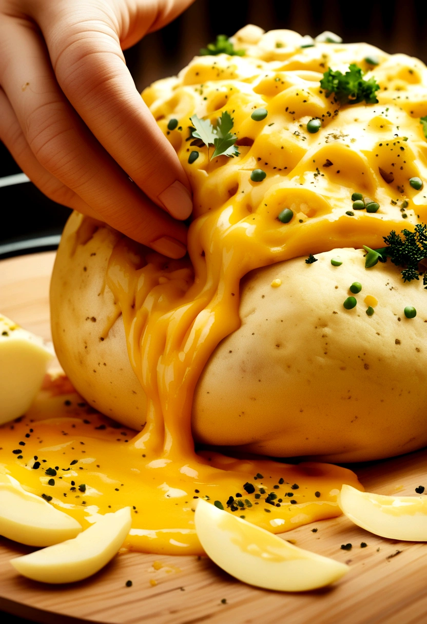 Create an image of a stuffed potato covered in cheese and seasonings