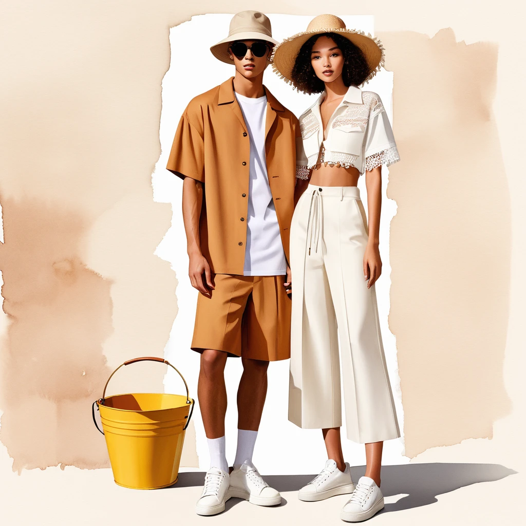 candid fashion illustration of young Mixed race man and woman, both aged 25 year old, ((showcase fashion look book in Earth tone outfits)), inspired by Jacquemus's resort collection 2024, in elegant young bohemian style. The man wears an oversized short-sleeved bowling shirt lace details, paired with relaxed-fit white Wide Leg and Baggy short, Regular fit for comfortable and a classic silhouette. He completes his look with white sneakers and bucket hat and round sunglasses. The woman complements him in a white Ankle-length mini dress, in cotton woven fabric featuring a round, frill-trimmed neckline with minimal lace detail, Her ensemble includes an accessorizes with a wide-brimmed straw hat, white sneakers, Captured in a dynamic angle, ((full-body image)), ((imperfect water color background)), sketching, realistic drawing, imperfect water color drawing, fashion look book, fashion illustrator, sketch design, Jacquemus, Chic Boho,