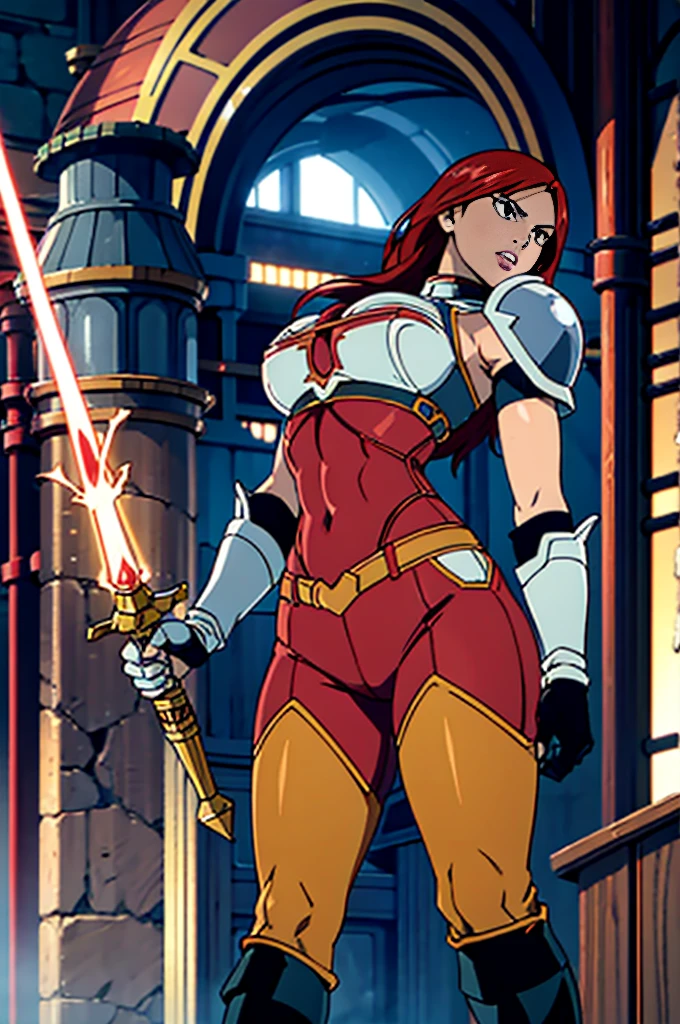 erzascarlet, brown eyes, long red hair, skinny, lean toned body physique, wide hips big hips, tan, trim stomach, big breasts, crystalline diamond chestplate armor, tight iridescent dragonscale pants, leather elbow gloves, thick lips, glowing lightsaber, rocket boots, depth of field, perspective, foreshortening