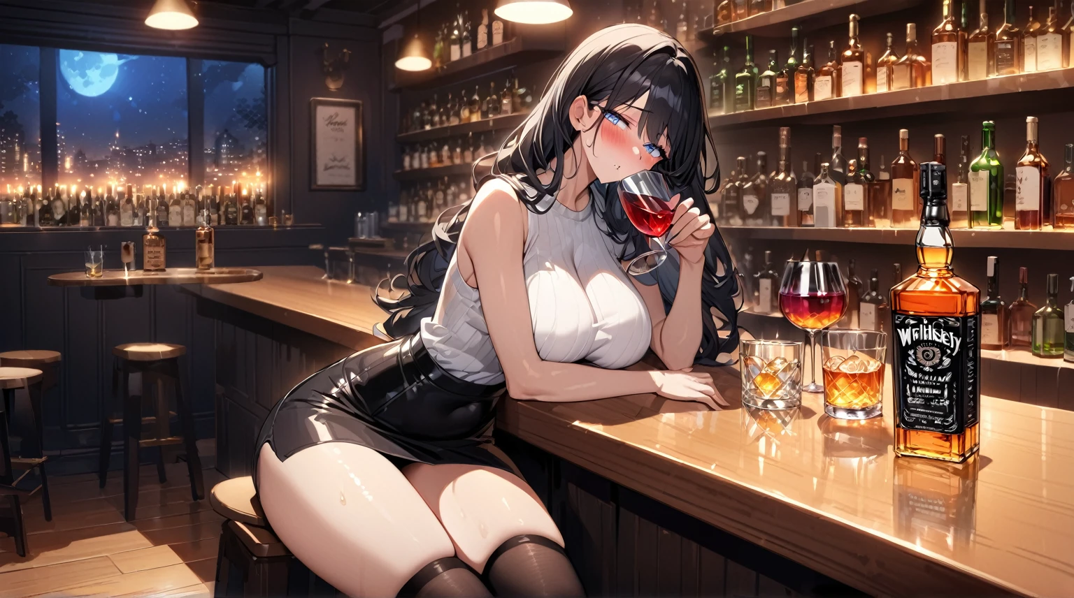 best quality, 4K, high resolution, masterpiece:1.2, Extremely detailed),Sad expression looking at the camera,Large Breasts,30 years old girl,独奏,black hair,long hair,blue eyes,(drunk,blush),sitting,drinking,((Mature sexy body)),Black stockings,Black tight skirt, Mature sexy body,holding mug,counter,pub,(Fashion bar) indoors, ((Cocktail Glass) Full of colorful wine), (dimly light room), Wine Bottle, Detailed background,Fluffy hair,((((Night scene background))))), (((at the bar))), wine, whiskey, High ball,(Shiny and glowing, Effect:1.2)