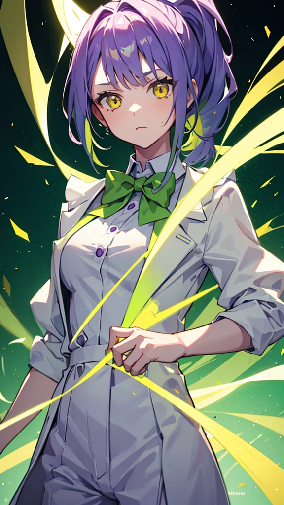 1girl,9 year old girl,green hair,yellow eyes,ponytail,white suit,green overall,Purple bow tie,upper body,hyper detailed,cinematic lighting,best quality,masterpiece