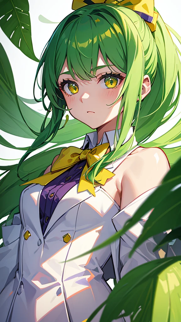 1girl,9 year old girl,green hair,yellow eyes,ponytail,white suit,green overall,Purple bow tie,upper body,hyper detailed,cinematic lighting,best quality,masterpiece