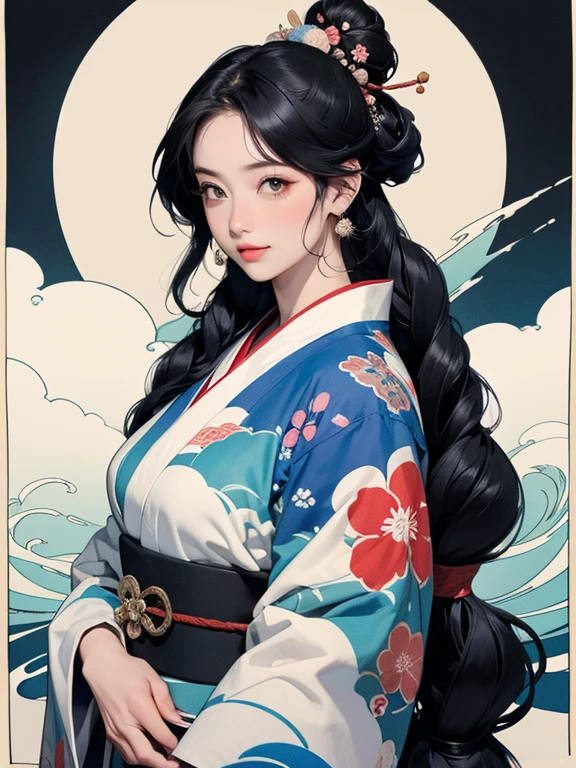 (Highest quality、masterpiece、High resolution、8K)、Ukiyo-e、Vibrant colors、Katsushika Hokusai、1 female、Black hair Japanese topknot、The kimono has a vivid floral pattern on a white background.、White waves and Mt. Fuji、Flowers and Moon、White waves and the moon、Official Art、背景はUkiyo-e風