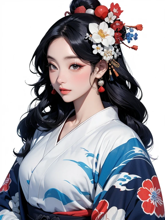 (Highest quality、masterpiece、High resolution、8K)、Ukiyo-e、Vibrant colors、Katsushika Hokusai、1 female、Black hair Japanese topknot、The kimono has a vivid floral pattern on a white background.、White waves and Mt. Fuji、Flowers and Moon、White waves and the moon、Official Art、背景はUkiyo-e風