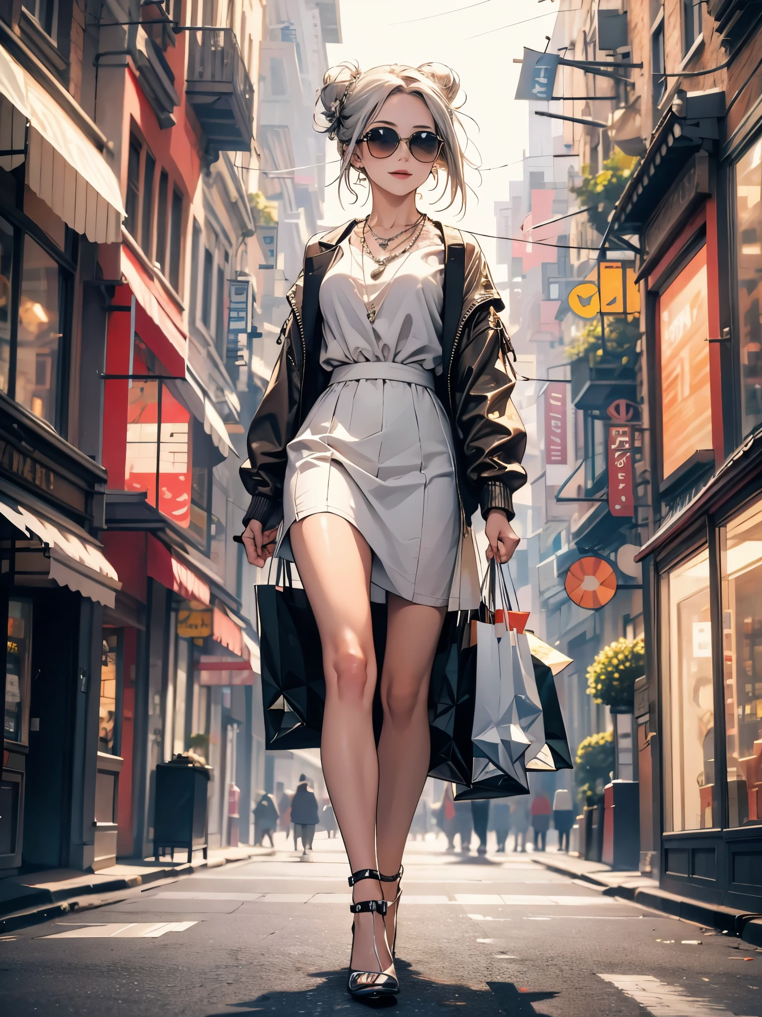 highy detailed, high qualiy, work of art, 1womanl, Walking on the street, shopping bag with both hands, happy expression, chestnut hair, tied in a messy bun, (casual outfit: 1.1), white undershirt, skirt short, high-heels, light-makeup, (silver necklace: 1.2), sunglasses on head, Holding flowers, people and shop window in the background, plein-air, Sunnyday.