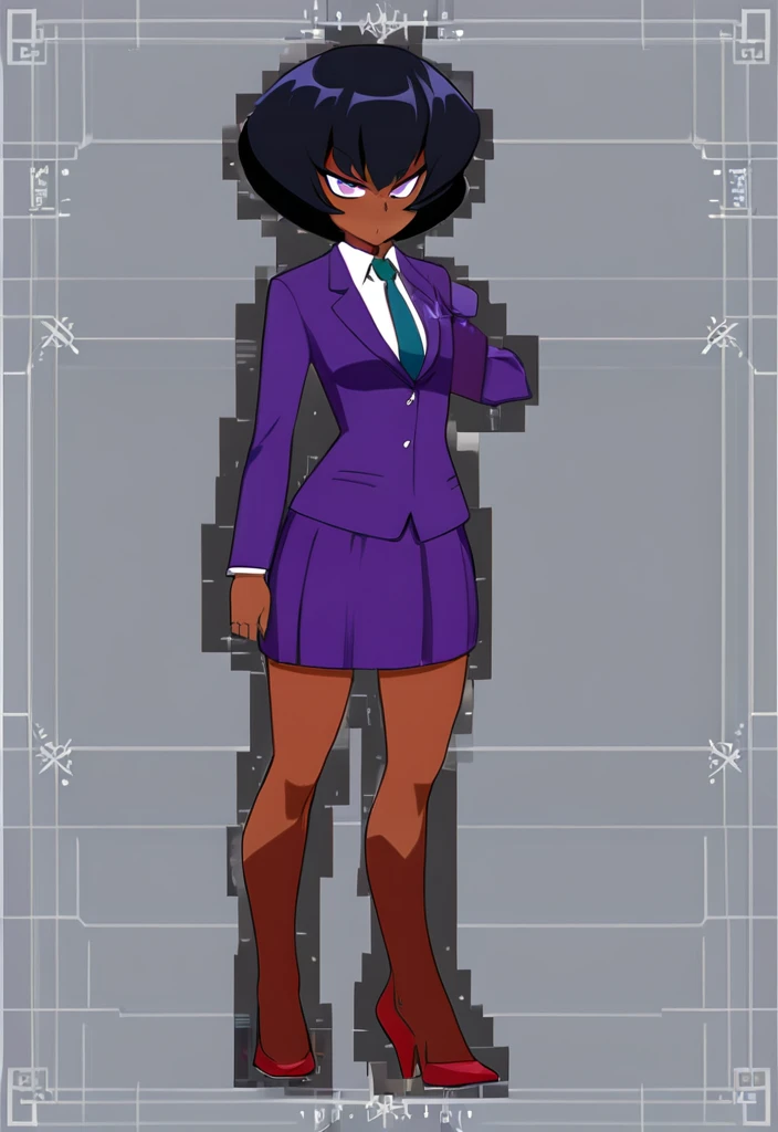 Make a evil military black anime woman in a purple skirt suit witha tie on full body