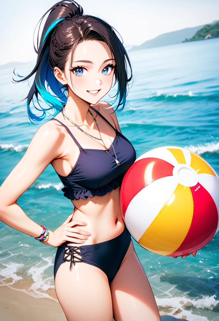 A young woman, 21-years-old, solo, Caucasian, black hair, cyan hair, gradient hair, multicolored hair, ponytail, two-tone hair, blue eyes, cheerful smile, mature face, dark blue bikini top, dark blue bikini bottom, midriff, holding a beachball, beach, thin silver necklace, white bracelet