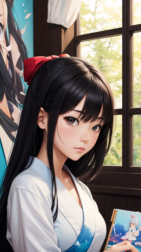 Japanese cartoon girl with a brush and a painting board in front of a window, painted in Japanese cartoon painter studio, Realistic cute girl painting, beautiful Japanese cartoon portrait, Japanese cartoon. soft light, Detailed painting 4k, Japanese cartoon realism style, realistic Japanese cartoon artstyle, guweiz style artwork, realistic Japanese cartoon art style, made with Japanese cartoon painter studio, portrait Japanese cartoon girl