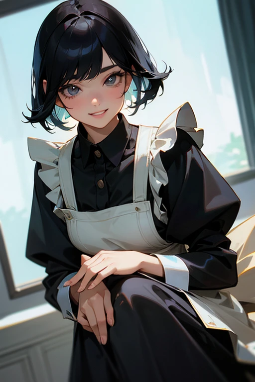 (Highest Resolution, clear_image) Highest quality, single, One woman, alone, masterpiece, Very detailed, Semi-realistic, Black Hairのショートヘア, Black Hair, bangs, 18-year-old, mature, Light blue , Indoor Background, kind, Authoritative, Powerful, exquisite features, exquisite features、Eyelashes become longer、Showing teeth、smile😀、Maid clothes、woman&#39;Fingers in the、Sleeping on the sofa、Long Hair、Fluttering in the wind、((Off-the-shoulder clothing))