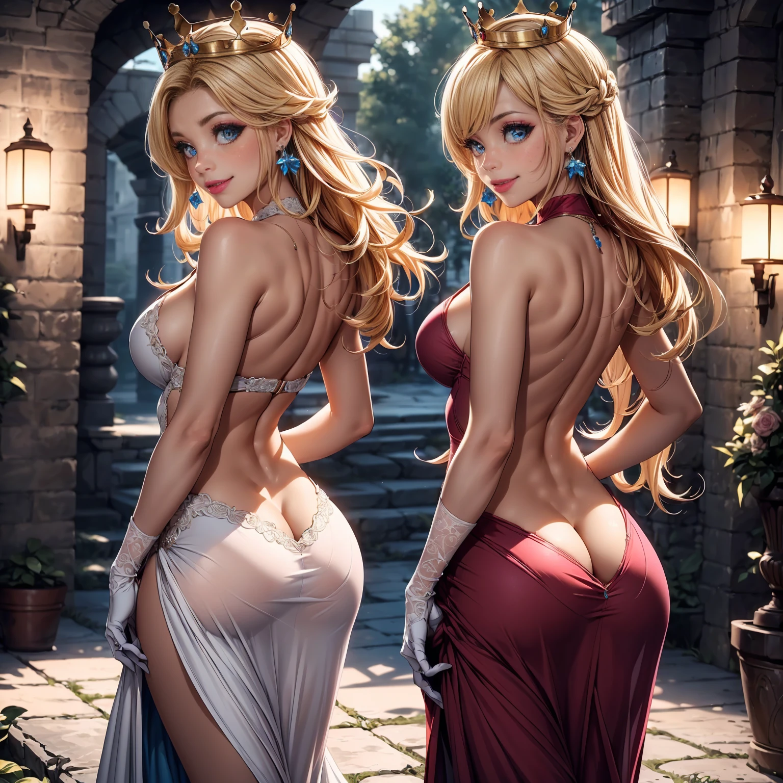 Princess Peach, ((long hair, blonde hair, bang, glowing blue eyes, wide eyes, crown, lipstick, makeup, narrow waist, skinny, medium breasts, earrings, alone)), pelvic curtain, ((pink dress, wedding dress, Scooped up the ass, gloves)), full body, perfect body, (insanely detailed, beautiful detailed face, masterpiece, best quality) , (((solo))), (((1girl))), (((mature))), (extremely detailed 8k paper CG wall unit: 1.1), (wedding, garden, dusk), (smile face for the viewer), big ass, from back, behind