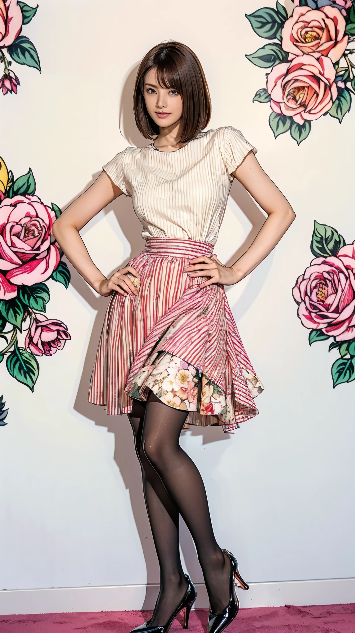 ((masterpiece)),(((Highest quality))),Thin thighs,Long legs,whole body:1.5,(One Girl:1.3),(Black pantyhose and thick pointy heels:1.3),(Wearing a floral striped mid-long flared skirt dress:1.2),Short blonde hair:1.2、Model pose with legs spread wide,