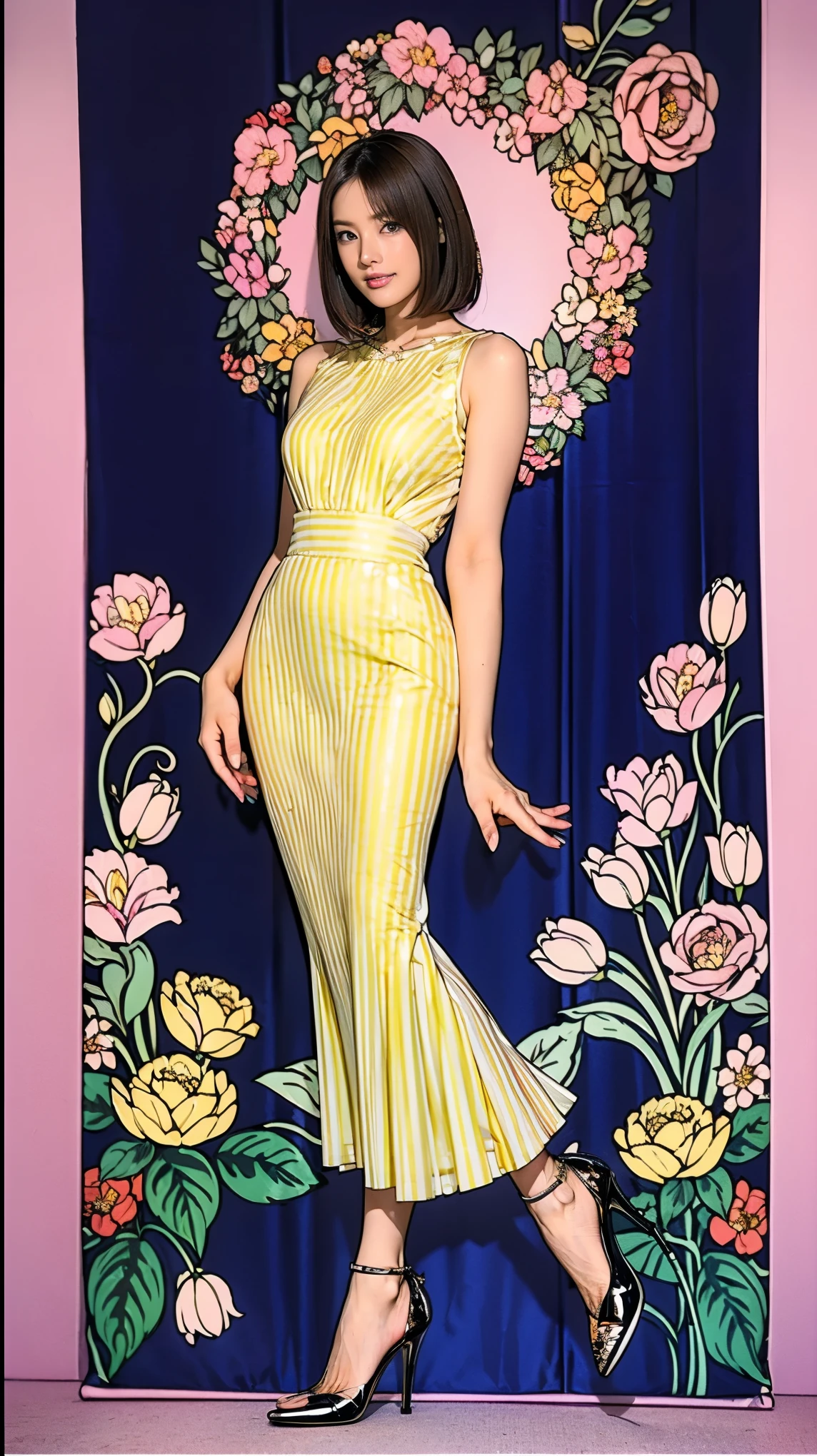 ((masterpiece)),(((Highest quality))),Thin thighs,Long legs,whole body:1.5,(One Girl:1.3),(Black pantyhose and thick pointy heels:1.3),(Wearing a floral striped mid-long flared skirt dress:1.2),Short blonde hair:1.2、Model pose with legs spread wide,