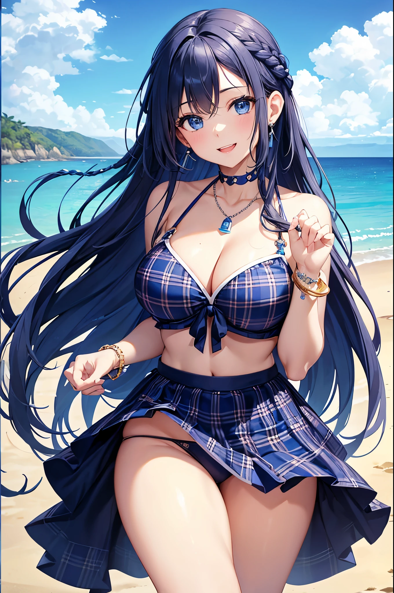 Highest quality、Highest quality、masterpiece、(8K),beauty(Age 25)、Navy blue long hair(Braiding of sides)、blue eyes、Sexy Bikini(Plaid)、Big cleavage、(Big Breasts)、smile、blue necklace、Blue Earrings、background(Beach)、Please open your mouth wide、bracelet、Arch Pose、Blue choker