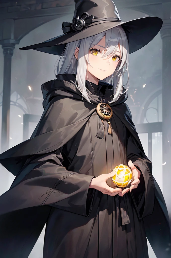 (masterpiece; best quality: 1.2), (finely detailed eyes: 1.3), ((75-years-old man)), ((solo)), (yellow eyes: 1.4), (body; lean, old, mature: 1.3), (long gray hair: 1.3), (beautiful and clear background: 1.2), ((depth of field)), (equipment: traveler mage dark robe + dark pointed hat + dark cloak: 1.3), (anime illustration: 1.2), (background composition; palace garden exterior: 1.1), (extremely fine and handsome: 1.1), (shot composition; standing + centered on torso + close-up: 1.5), (expression; calm, smile: 1.2)