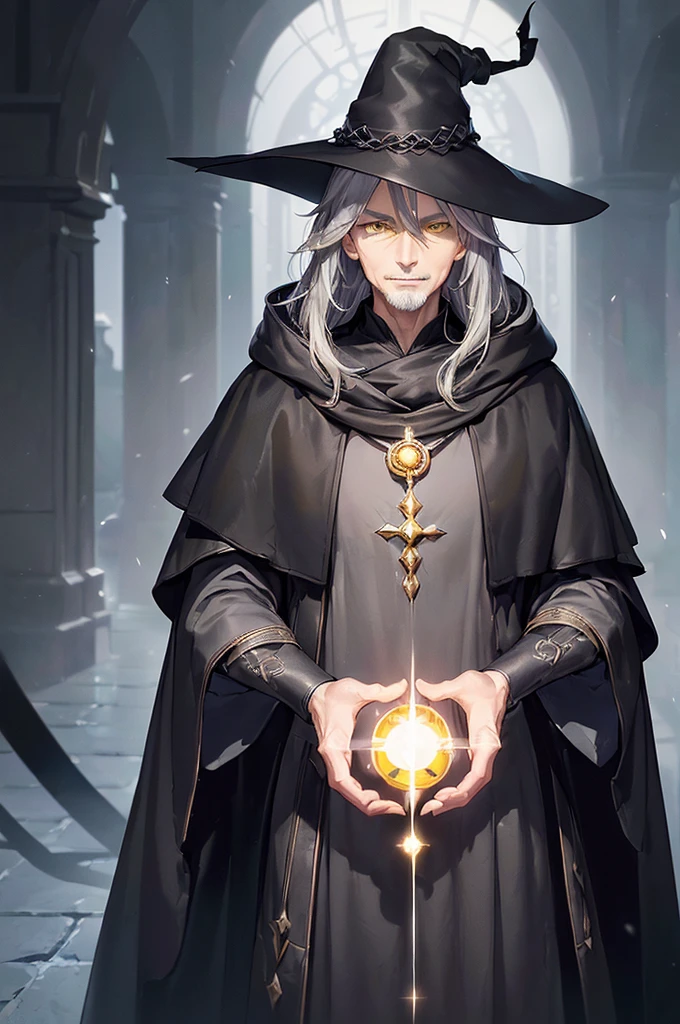 (masterpiece; best quality: 1.2), (finely detailed eyes: 1.3), ((75-years-old man)), ((solo)), (yellow eyes: 1.4), (body; lean, old, mature: 1.3), (long gray hair: 1.3), (beautiful and clear background: 1.2), ((depth of field)), (equipment: traveler mage dark robe + dark pointed hat + dark cloak: 1.3), (anime illustration: 1.2), (background composition; palace garden exterior: 1.1), (extremely fine and handsome: 1.1), (shot composition; standing + centered on torso + close-up: 1.5), (expression; calm, smile: 1.2)