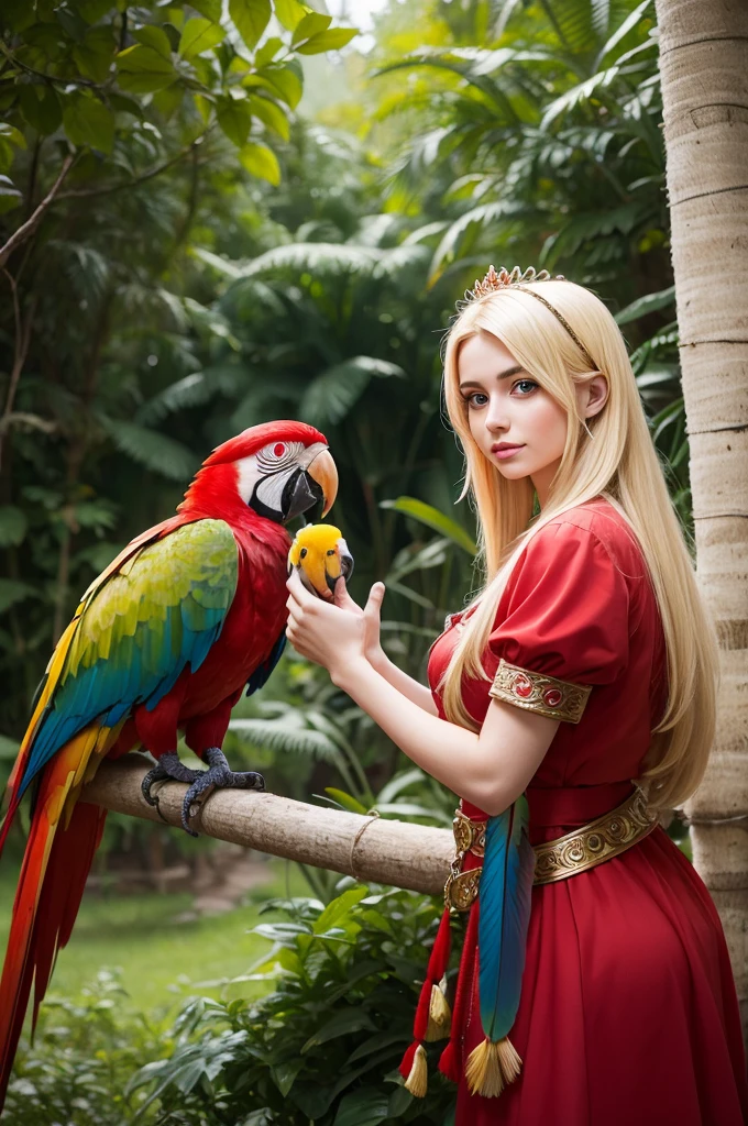 Blonde Turkish princess holding a red macaw