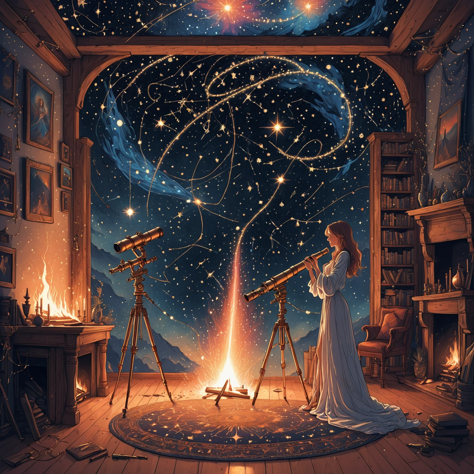 illustrate line drawing, perfection, telescope in room looking out onto stars, nuanced, mastercraft, timeless ethereal wizard (our wizard resembles amalgumation of lesser known 2000s era pop divas) she is pulling strings of lights, tapestry of stars in space and time, stars in cosmos, setting tapestry of cosmic star constellations, in wodden nook, fireplace, warm fire tones underneath sprawling cosmos, telescope