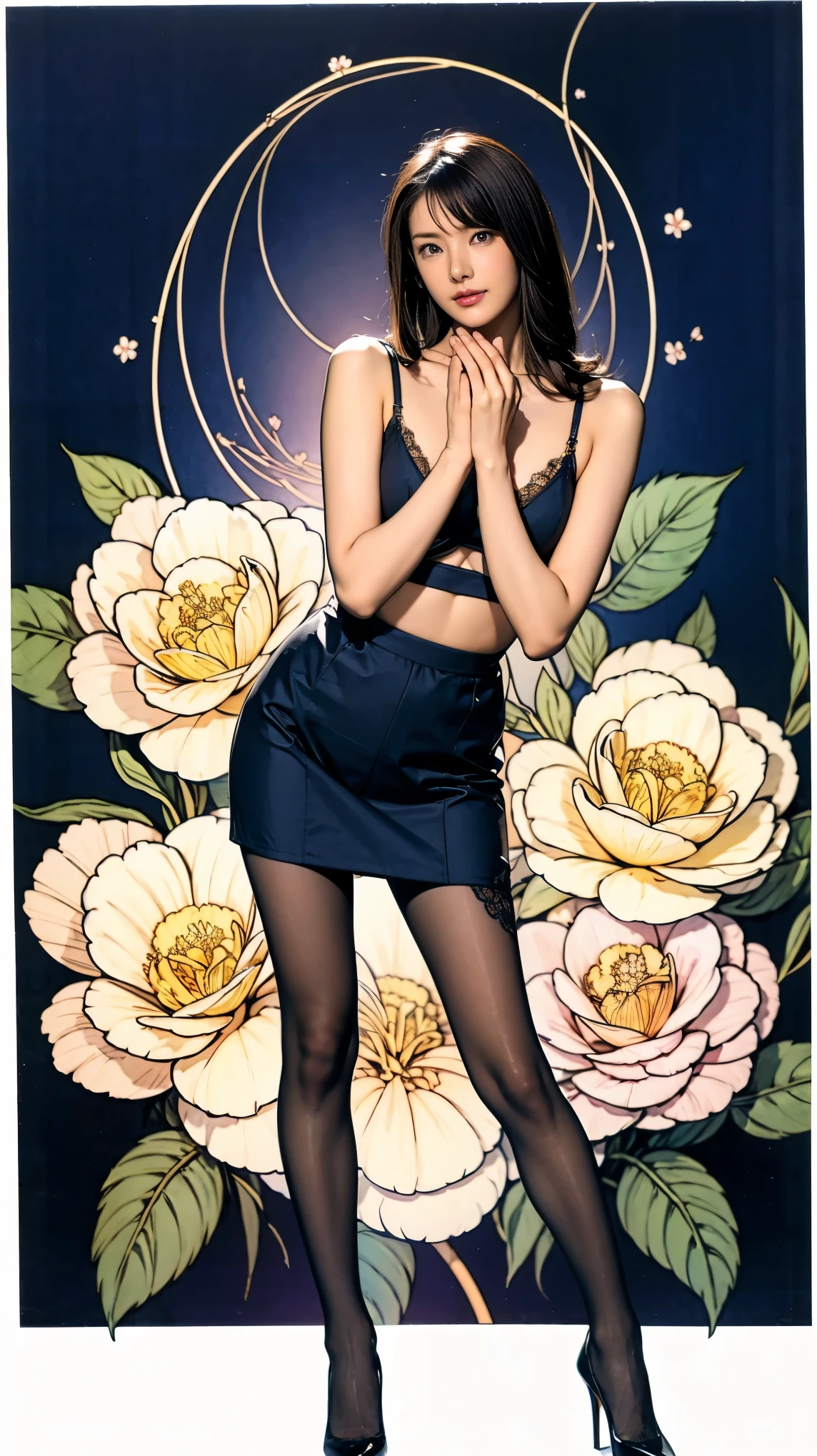 ((masterpiece)),(((Highest quality))),Thin thighs,Long legs,whole body:1.5,(One Girl:1.3),(Black pantyhose and thick pointy heels:1.3),(Wearing a navy blue bra with white camellia flower lace:1.2),Short Blonde:1.2、Model pose with legs spread and leaning forward:1.5,Nioh Standing Pose:1.5