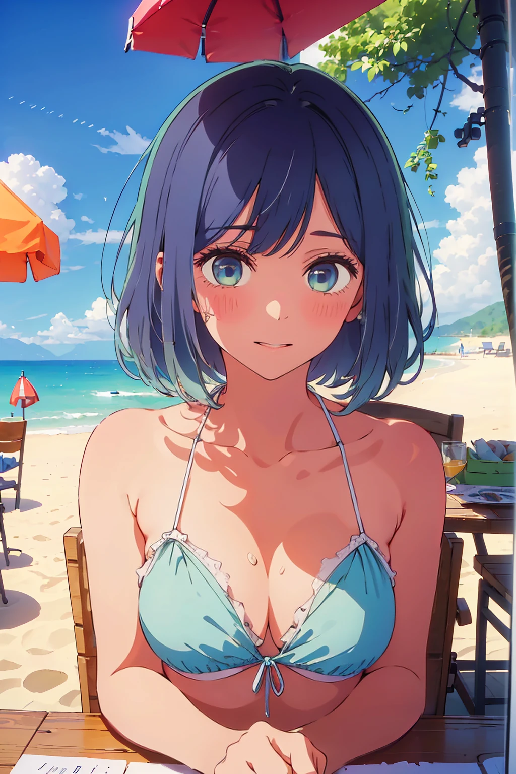 (Highest quality:1.4、masterpiece:1.4、Super detailed:1.4、8K:1.4)、((((1 person、Surprised expression、sit、Outdoor café terrace、coastal、juice、table、Sandy Beach、juiceのグラスを持つ、Plain Bikini、The depth of the written world、Very soft boobs、Big eyes、Very cute face))))、F cup bust、Medium breast