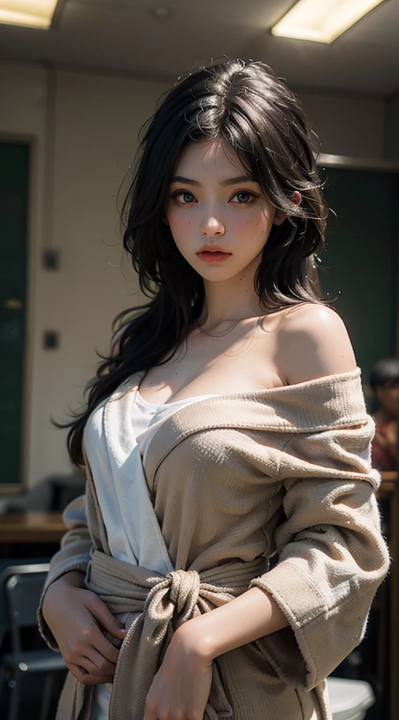 (wet: 0.1), (close-up), perfect, perfect, wet, rain and perfect body, best quality, masterpiece, super high resolution, original photo, (realism: 1.4), 1 girl, detailed face, denim shoot, jeans, crop top, jeans, (narrow waist: 1.2), long hair, deep two rows of bookshelves in the library, blurred background, beautiful lighting, model posing, low cut, seductive, short skirt, denim skirt, big breasts, upper body, full body