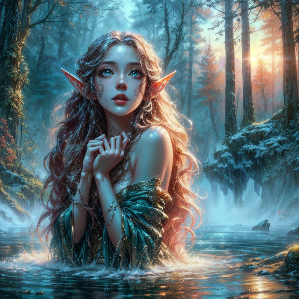 a woman with long blue hair hair and elf make-up stands in a stream, 4k fantasy art, detailed fantasy digital art, hyper-realistic fantasy art, Realistic fantasy artwork, beautiful fantasy art, HD-Fantasy-Kunst, detailed fantasy art, realistic fantasy painting, very beautiful fantasy art, digital art fantasy art, 4k highly detailed digital art, Detailed digital art in 4K, amazing fantasy art