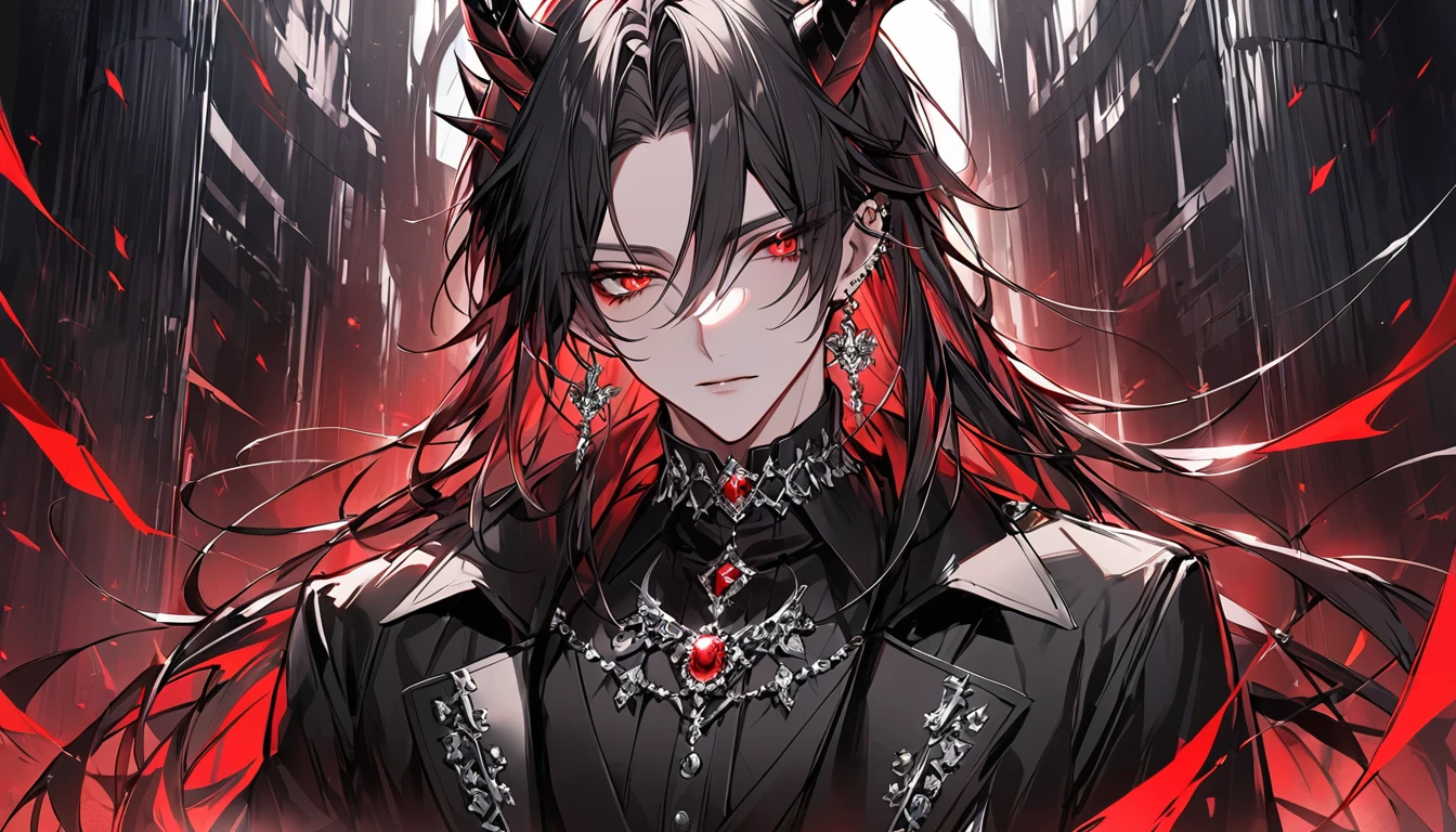 alone, good looking, 1 male, Long hair, Middle parted hair, Black hair, Red eyes, Black shirt, White Thailand, Black Trench Coat, Royal Silver Jewellery, Royal Demon Earrings, Black horns, Front Facing, Vtuber Front Facing Camera