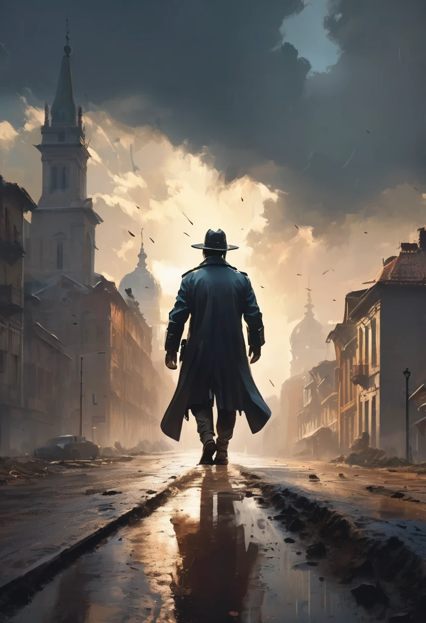 a man looking at the end of a straight road, the light of freedom ahead, a man's hands raised in triumph, rain, the old city, (((a police car with sirens on behind the man))), a man's feet buried in the mud on the road, masterpiece, best quality, (very 8k unity CG wallpaper details), (best quality), (best illustration ), (best shadows), absurd, realistic lighting, (Abyss), beautiful light details, artwork by PeterMohrBacher,