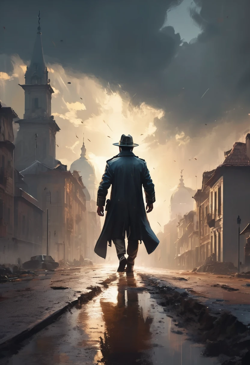 a man looking at the end of a straight road, the light of freedom ahead, a man's hands raised in triumph, rain, the old city, (((a police car with sirens on behind the man))), a man's feet buried in the mud on the road, masterpiece, best quality, (very 8k unity CG wallpaper details), (best quality), (best illustration ), (best shadows), absurd, realistic lighting, (Abyss), beautiful light details, artwork by PeterMohrBacher,