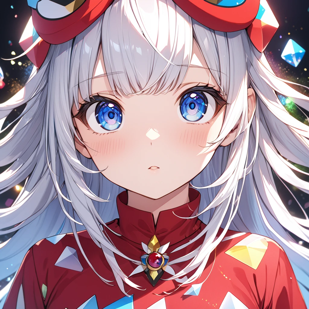 Front facing the viewer、masterpiece, Highest quality, so beautiful, Absurd, One girl,（ Transparent polygonal cutout beads and glitter), ds-Norimakiarare, Milky hair, Long Hair, blue eyes,  ds-Norimakiarare outfit, Red Shirt,  Face close-up