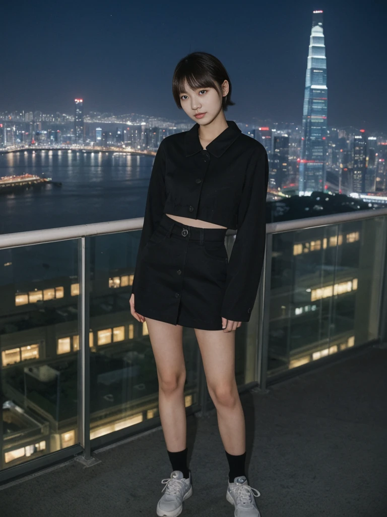 her name is Asako, high quality, 1girl, ((20-year-old fit Caucasian woman)), ((20 years old)), ((slim)), ((Korean Short Bob)), pose: standing, wearing Contemporary Generation-Z modern wear different colored, BACKGROUND: "Overlooking the skyline from Victoria Peak, with the city’s skyscrapers lit up against the night sky."