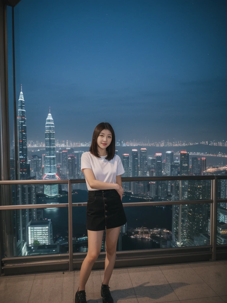 her name is Asako, high quality, 1girl, ((20-year-old fit Caucasian woman)), ((20 years old)), ((slim)), ((Korean Short Bob)), pose: standing, wearing Contemporary Generation-Z modern wear different colored, BACKGROUND: "Overlooking the skyline from Victoria Peak, with the city’s skyscrapers lit up against the night sky."