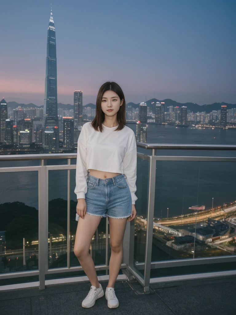 her name is Asako, high quality, 1girl, ((20-year-old fit Caucasian woman)), ((20 years old)), ((slim)), ((Korean Short Bob)), pose: standing, wearing Contemporary Generation-Z modern wear different colored, BACKGROUND: "Overlooking the skyline from Victoria Peak, with the city’s skyscrapers lit up against the night sky."