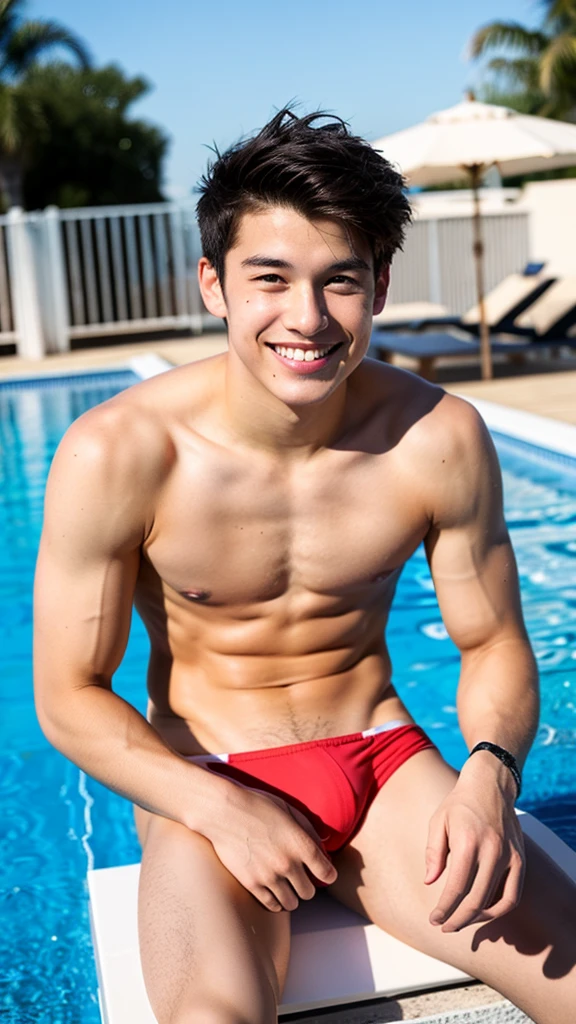 male Age 19 swimwear lifeguard topless smile