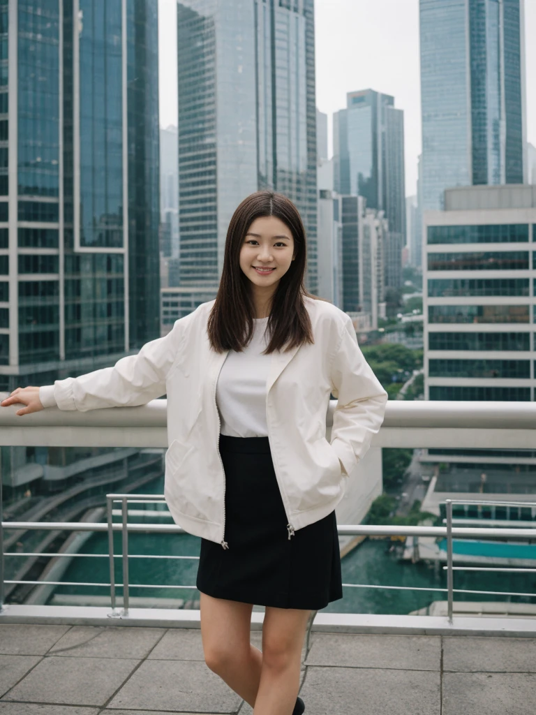 her name is Asako, high quality, 1girl, ((20-year-old fit Caucasian woman)), ((20 years old)), ((slim)), ((Korean Short Bob)), pose: standing, wearing Contemporary Generation-Z modern wear different colored, BACKGROUND: "Overlooking the skyline from Victoria Peak, with the city’s skyscrapers lit up against the night sky."