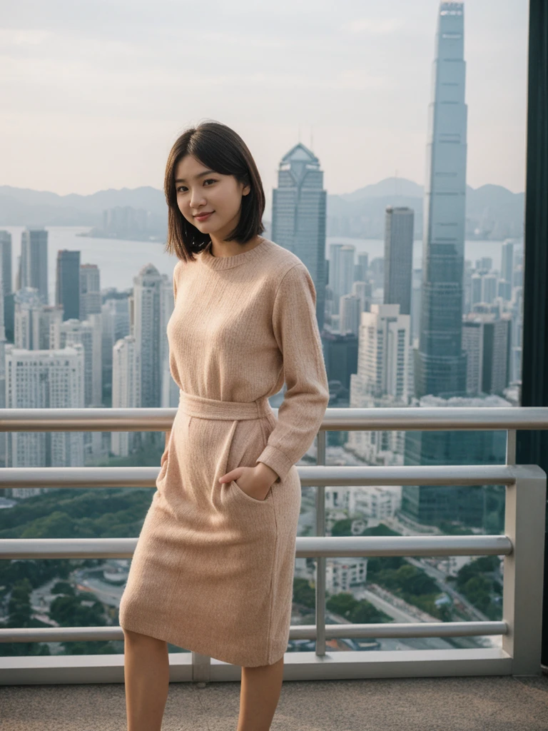 her name is Asako, high quality, 1girl, ((20-year-old fit Caucasian woman)), ((20 years old)), ((slim)), ((Korean Short Bob)), pose: standing, wearing Contemporary Generation-Z modern wear different colored, BACKGROUND: "Overlooking the skyline from Victoria Peak, with the city’s skyscrapers lit up against the night sky."