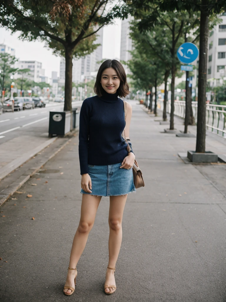 her name is Asako, high quality, 1girl, ((20-year-old fit Caucasian woman)), ((20 years old)), ((slim)), ((Korean Short Bob)), pose: standing, wearing Contemporary Generation-Z modern wear different colored, BACKGROUND: "Overlooking the skyline from Victoria Peak, with the city’s skyscrapers lit up against the night sky."